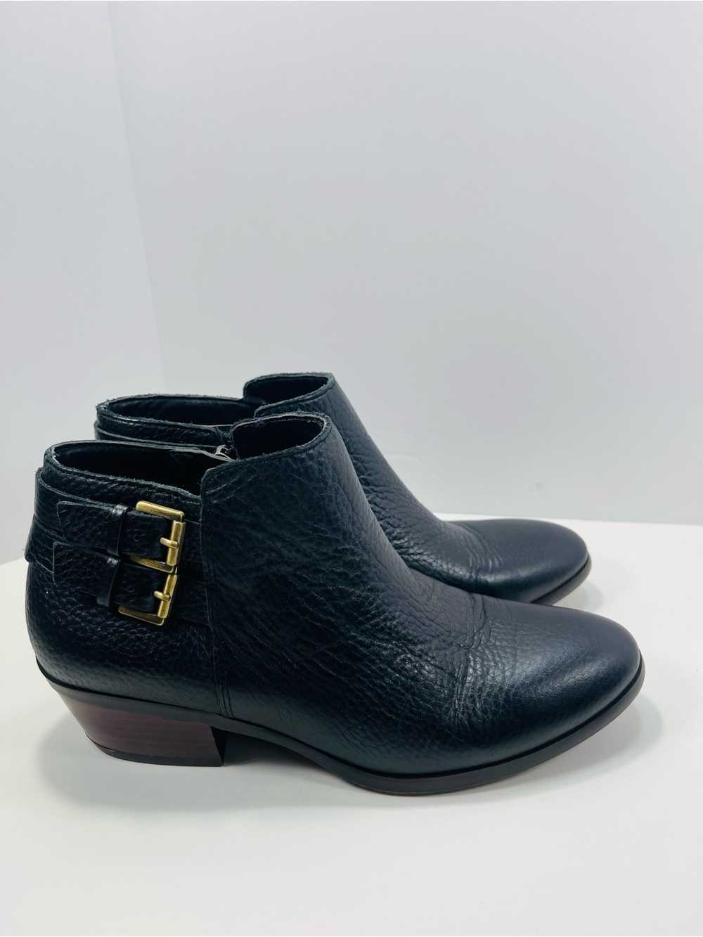 Sam Edelman “Petal” Black Leather Ankle Booties with Gold Buckles, Size 7M